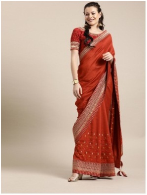 Rust Red Silk Blend Embroidered Saree with Blouse